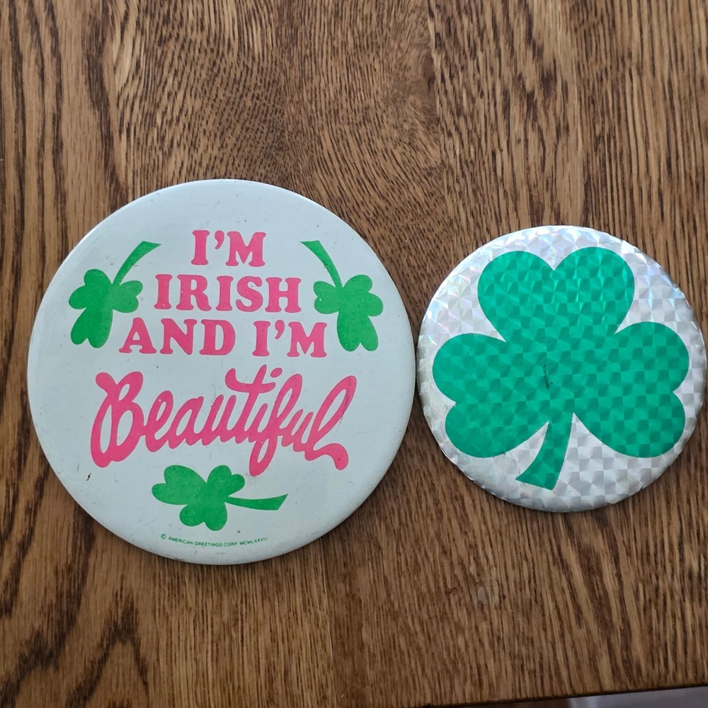 Vintage 1978 American Greetings Irish & Beautiful Pin Holographic Shamrock Set 2